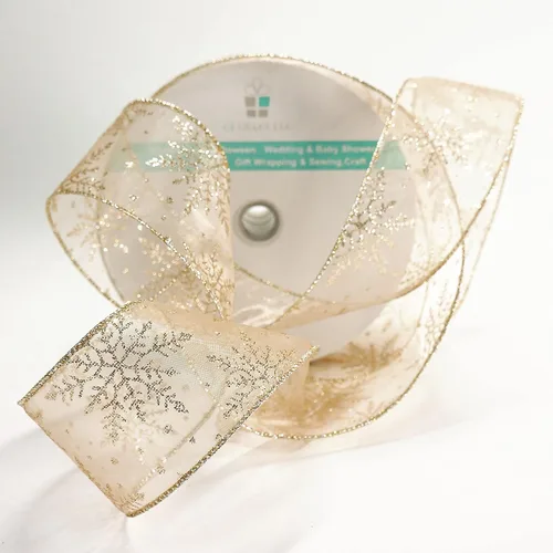 Vista 6 de Cinta con alambre de organza con copos de nieve dorados de champán para decoración navideña del hogar, lazo para la parte superior del árbol