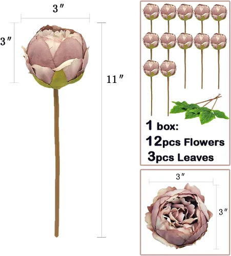 Vista 3 de Flores artificiales falsas, peonía de seda, 12 arreglos de cabezas de flores, ramos de boda, decoraciones florales de plástico, centros de mesa