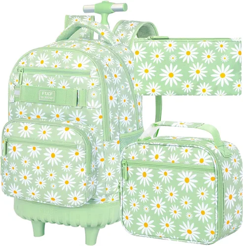 Vista 13 de Mochila con ruedas para mujeres, niñas, mochila escolar Crisantemo Negro