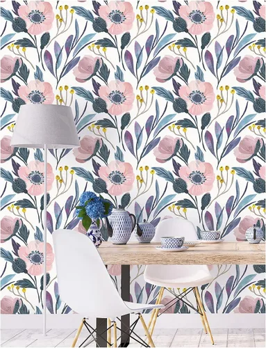 Vista 2 de HAOKHOME 93019 - Papel tapiz floral para despegar y pegar, extraíble, de vinilo color rosa/azul/amarillo, autoadhesivo para estantes, 17.7 pulgadas