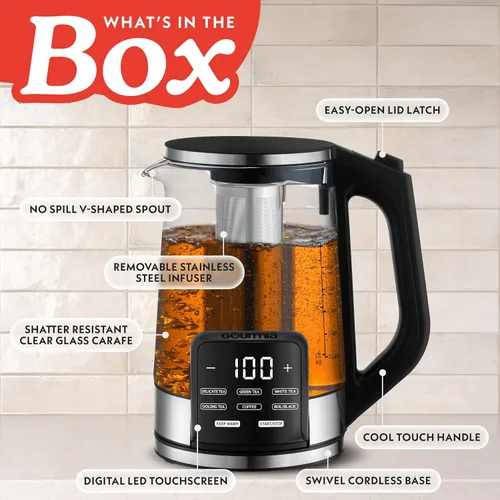 Vista 9 de Gourmia Hervidor eléctrico programable de vidrio – 1.7L Control de temperatura para té y café con pantalla táctil digital, 6 ajustes