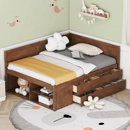 Vista 39 de Sofá cama de madera de tamaño matrimonial con 2 armarios de noche, estantes superiores y 4 cajones, marco de madera resistente, espacio de Marrón