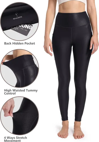 Vista 4 de HARTPOR Leggings de piel sintética para mujer, pantalones de yoga elásticos de cintura alta, pantalones de piel sintética con bolsillos