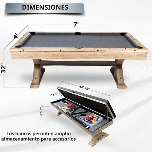 Vista 3 de Mesa de billar multijuego 3 en 1 de 7 pies con mesa de ping pong con mesa de ping pong con asiento de banco de almacenamiento doble. Incluye billar