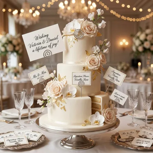 Vista 7 de HOHIYA Paquete de 50 tarjeteros florales de 5 pulgadas, clip de fotos de alambre inoxidable para bodas, tarjetas de mesa, números, notas, pasteles