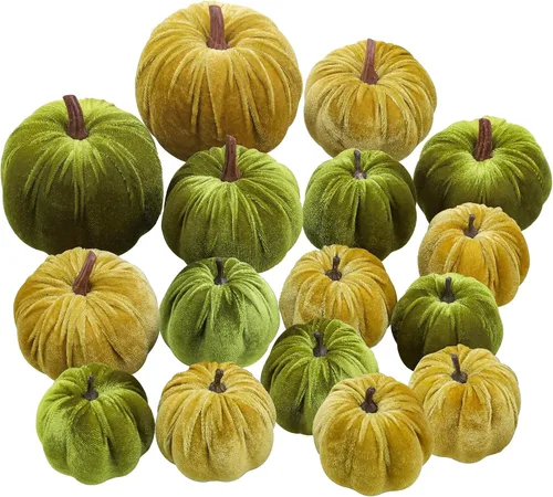 Vista 13 de Woration 16 piezas de terciopelo de tamaño surtido de calabaza artificial decoración de tela envuelta en otoño cosecha calabaza otoño mesa centro