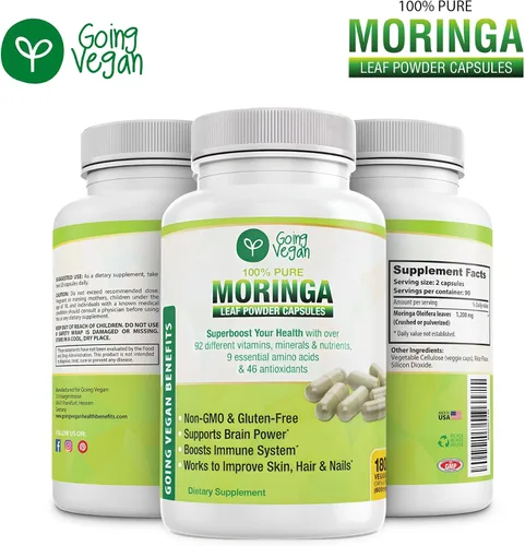 Vista 3 de Cápsulas de Moringa, 180 píldoras veganas de hoja de oleifera pura en polvo, 1200 mg por porción, suplemento sin OMG y sin gluten, suministro de 3
