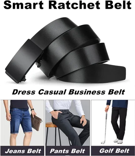 Vista 3 de Oyifan Cinturón negro para hombre, cinturón de diseñador de vestido de cuero genuino para hombres, moda Slide Ratchet Click Casual Mens Belt