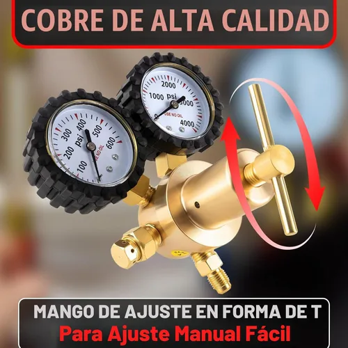 Vista 5 de Regulador de Nitrógeno CGA580 de Entrada, Conexión de Salida Abocinada Macho de 1/4 Pulgada, Mango de Servicio Pesado, Válvula de Alivio