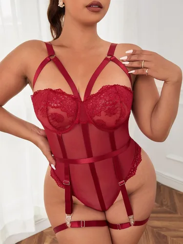 Vista 5 de OYOANGLE Conjunto de lencería de lencería para mujer, talla grande, con anillo, corte de malla transparente