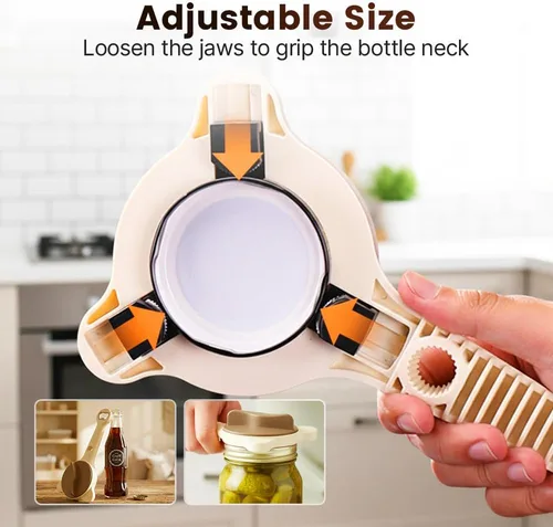 Vista 5 de Abrelatas de acero inoxidable ajustable, abridor de tarros para manos débiles con abridor de tapas de botellas, agarre de tapa multifuncional
