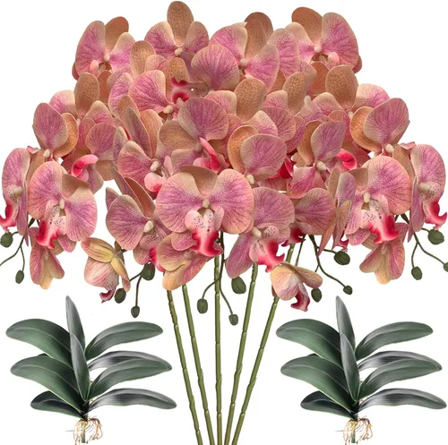 Vista 14 de HinyoCo - 5 flores artificiales de orquídea y 4 paquetes de hojas, flores artificiales de Phalaenopsis de 32 pulgadas para decoración del hogar