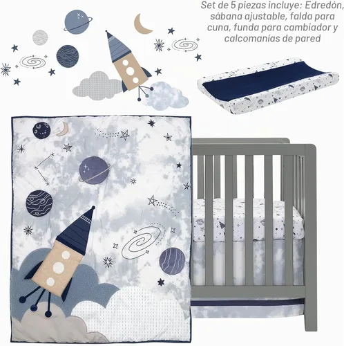 Vista 2 de Lambs & Ivy Sky Rocket - Juego de ropa de cama para cuna de bebé, 5 piezas, galaxia azul y espacio
