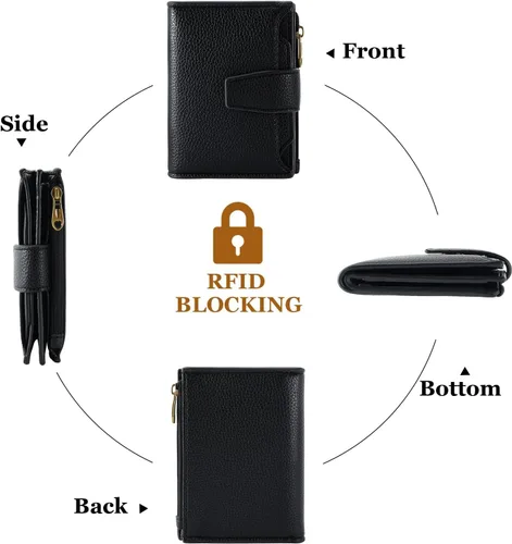 Vista 5 de Carteras de cuero para mujer con bloqueo RFID, billetera delgada, plegable, tarjetero con cremallera, bolsillo para monedas, ventana