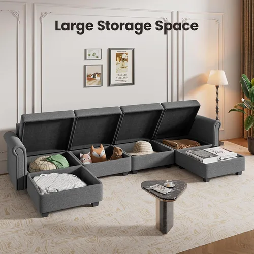 Vista 5 de Moderno sofá modular de 9 plazas, sofá cama convertible en forma de U con almacenamiento, tela de lino sin brazos en forma de L para sala de estar