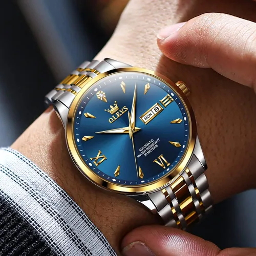 Vista 2 de OLEVS Relojes automáticos para hombre, calendario mecánico, impermeable, de acero inoxidable, luminoso, de cuerda automática, reloj de pulsera