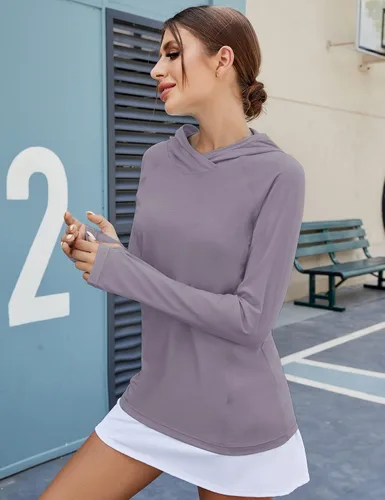 Vista 4 de LUYAA Sudadera con capucha para mujer, con protección solar UPF 50+, transpirable, elástica, de manga larga, para correr, entrenamiento al aire libre