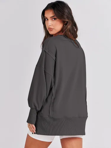 Vista 5 de ANRABESS Sudaderas de gran tamaño para mujer, con cuello redondo, manga larga, casuales y holgadas, con aberturas, ropa de otoño 2025