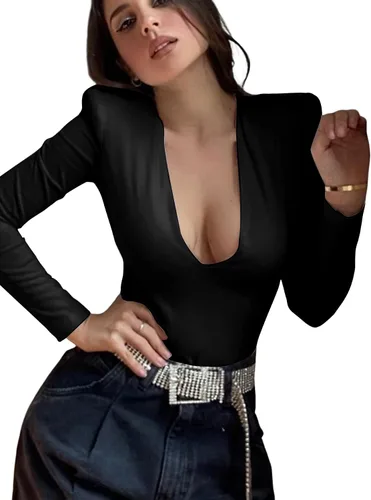 Vista 3 de LYANER Body sexy de manga larga con cuello en V profundo para mujer