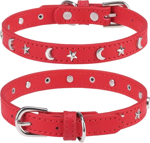 Vista 9 de Collar de cuero para perros pequeños, collar suave y ajustable con remaches de estrella y luna para perros machos y hembras, collares para cachorros