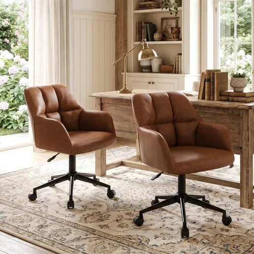 Vista 9 de HNY Silla de escritorio moderna de piel sintética, altura ajustable, cómoda silla giratoria de maquillaje con ruedas para sala de estar, computadora