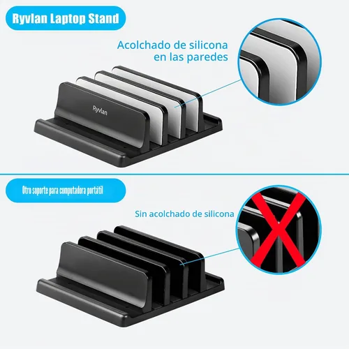 Vista 2 de Ryvlan Soporte vertical para laptop, almacenamiento ajustable de 3 ranuras para laptop con acolchado de goma, soporte múltiple para computadora