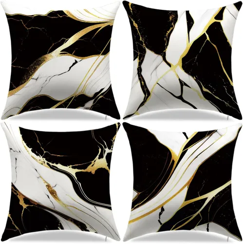 Vista 10 de Juego de 4 fundas de almohada negras y doradas, fundas de almohada de 18 x 18 pulgadas, almohadas geométricas abstractas a rayas para decoración