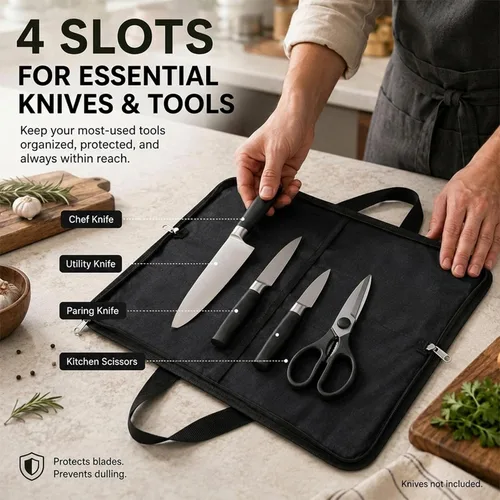 Vista 4 de Rollo de cuchillos, bolsa resistente para cuchillos, estuche de lona encerada con 4 ranuras para cuchillos y herramientas de cocina, bolsa