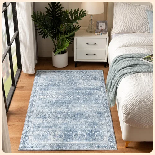 Vista 301 de Istana Alfombra larga antideslizante de 2.5 x 8 para el hogar, para pasillo y cocina, lavable, sedosa y suave al tacto, elegante, color azul y marfil