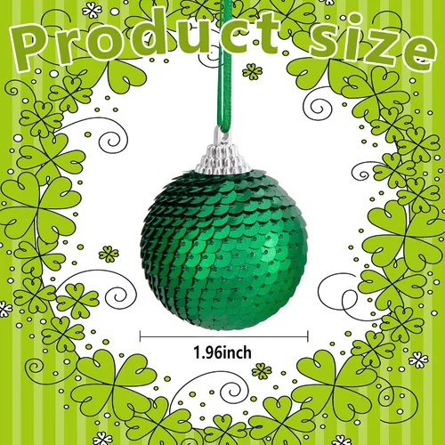 Vista 2 de Bolas colgantes de lentejuelas para el día de San Patricio, adorno de bola de trébol irlandés con purpurina de 1.96 pulgadas, bola colgante