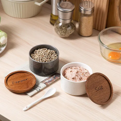 Vista 7 de Recipientes de sal y pimienta: recipiente de especias apilable de cerámica de 10 oz con tapa de madera - recipientes de almacenamiento