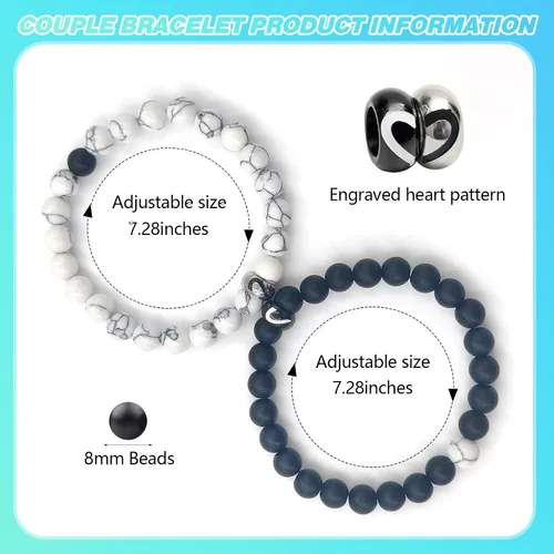 Vista 47 de 2 pulseras magnéticas para parejas, piedra natural negra mate, cristal para votos de amor eterno, juego de pulseras de cuentas de piedra de energía