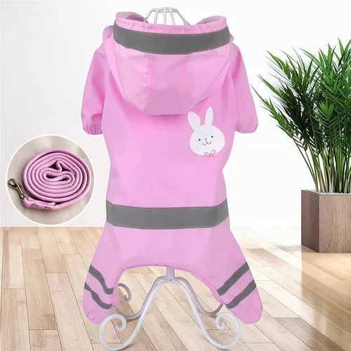 Vista 7 de Impermeable para perros, chaqueta impermeable para perros con rayas reflectantes de seguridad, poncho con capucha y correa para perros y cachorros