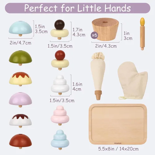 Vista 6 de Juguetes de madera para cupcakes, 21 piezas, juguetes de comida para hornear con coberturas intercambiables, regalo de fiesta de té Montessori