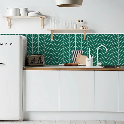 Vista 2 de Azulejos de despegar y pegar, azulejos de pared de mosaico de cocina con patrón de sarga verde, azulejos autoadhesivos de vinilo para pared