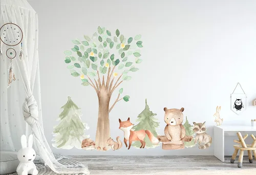 Vista 2 de InnovativeStencils - Calcomanía de pared de acuarela de bosque, pino y roble, criaturas animales – oso, zorro, mapache, conejo, ardilla
