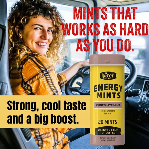 Vista 9 de Viter Energy Mentas con Cafeína 40mg de Cafeína, Vitaminas B, Sin Azúcar. (Menta Chocolate, 20 piezas, Paquete de 6)