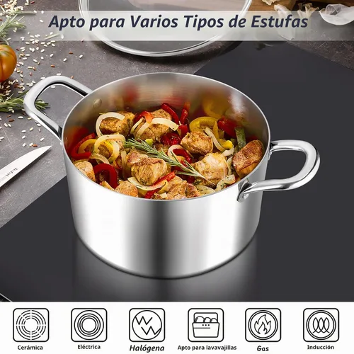 Vista 5 de E-far Olla de 6 Cuartos, Olla de Cocina de Acero Inoxidable de Tres Capas con Tapa de Vidrio y Asas Remachadas, Olla de Metal para Pasta y Sopa
