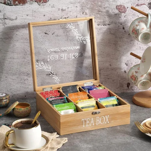 Vista 2 de Caja de té, almacenamiento de bolsas de té, organizador de bolsas de té de bambú, baúl moderno con 9 compartimentos y cubierta transparente