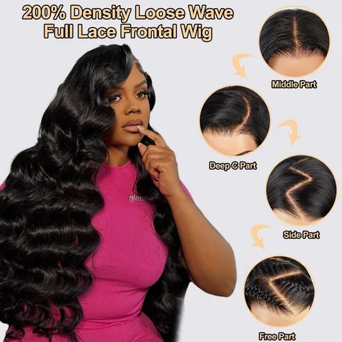 Vista 2 de Pelucas de cabello humano con malla frontal de onda suelta 13x4, densidad del 200%, con encaje frontal transparente HD, encaje frontal completo, sin