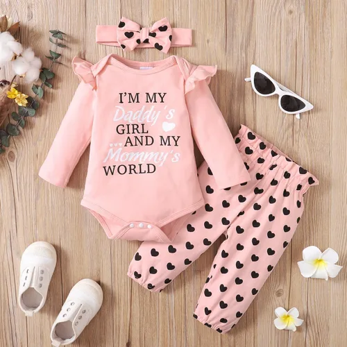 Vista 5 de Edelqual Conjunto de 3 piezas de ropa para bebé niña recién nacida, mameluco de corazón, pantalones, diadema