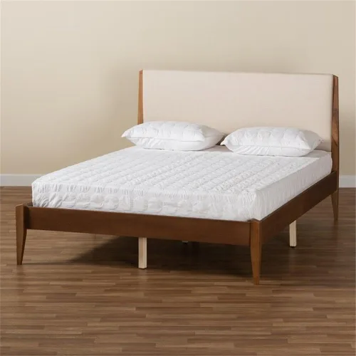 Vista 10 de Baxton Studio Lenora Mid-Century - Cama de plataforma tapizada de tela beige y acabado marrón nogal, tamaño matrimonial