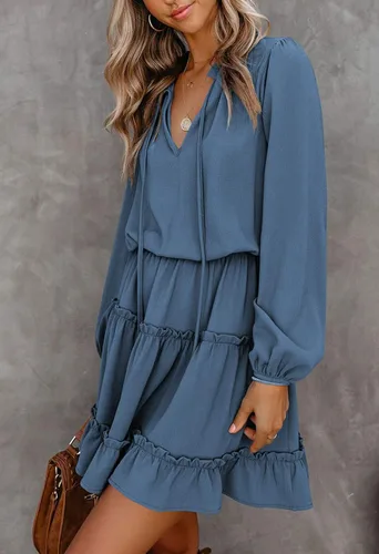Vista 6 de LaSuiveur Vestidos casuales de otoño para mujer, cuello en V, cuello de lazo, manga larga, cintura alta, lunares, volantes, escalonado, mini vestido