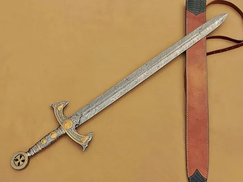 Vista 3 de Espada Templaria medieval hecha a mano, espada larga de Damasco sagrada con funda de cuero