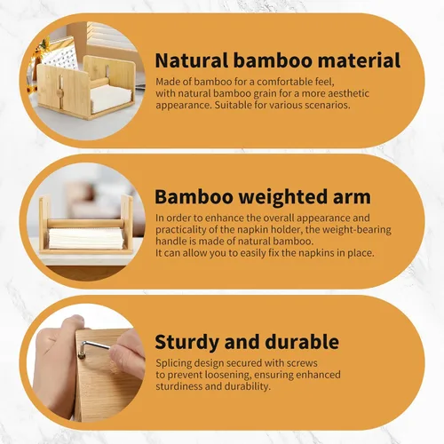 Vista 4 de Servilletero de bambú para mesa, servilletero cuadrado con brazo pesado, soporte de papel de cóctel de madera para cocina, comedor y fiesta