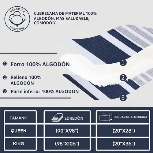 Vista 5 de Finlonte Juego de ropa de cama ligera de verano 100 % algodón, a rayas azul marino, para todas las estaciones, 3 piezas