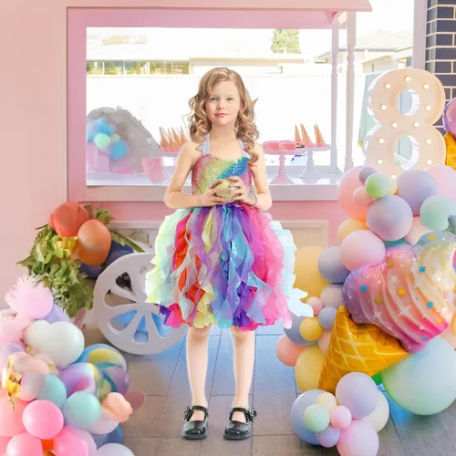 Vista 9 de Vestido tutú para niñas, vestido de tul con lentejuelas, vestido de princesa para niñas pequeñas, disfraz de fiesta de cumpleaños brillante