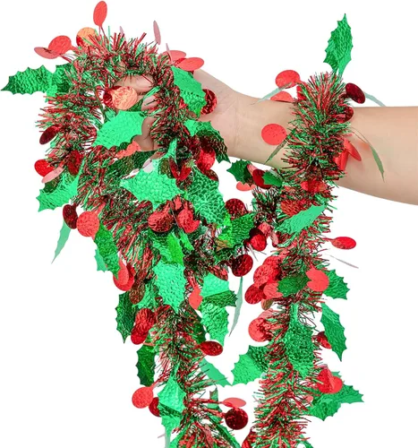 Vista 3 de Guirnalda de Oropel de Navidad de 33 Pies, Guirnalda de Oropel Metálico Trenzado Rojo Verde con Ornamentos de Bayas y Hojas, Decoración Colgante