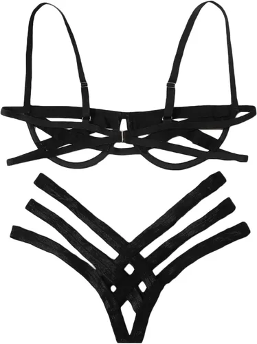 Vista 2 de SheIn Conjunto de lencería sexy con corte de escalera para mujer brasier y bragas push up de dos piezas