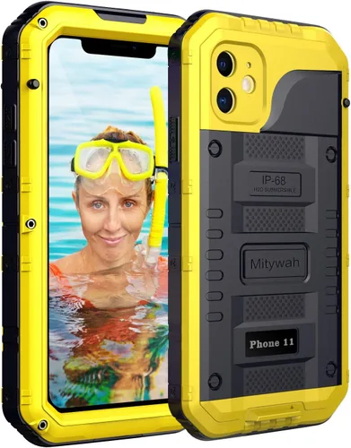 Vista 15 de Mitywah Funda impermeable para iPhone 11, resistente y duradera, de metal, protección de pantalla integrada, impermeable, a prueba de golpes, a Negro